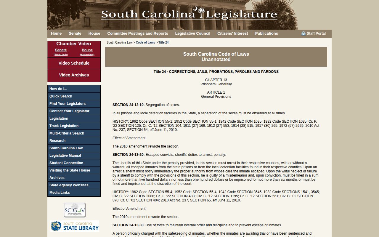 South Carolina Code sections governing sentence and release credits