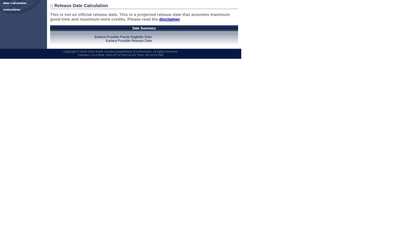 Official SCDC projected release calculator and disclaimer