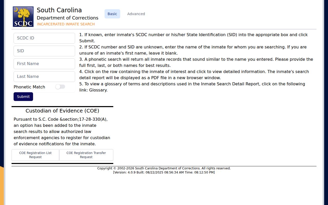 South Carolina corrections current inmate search screen