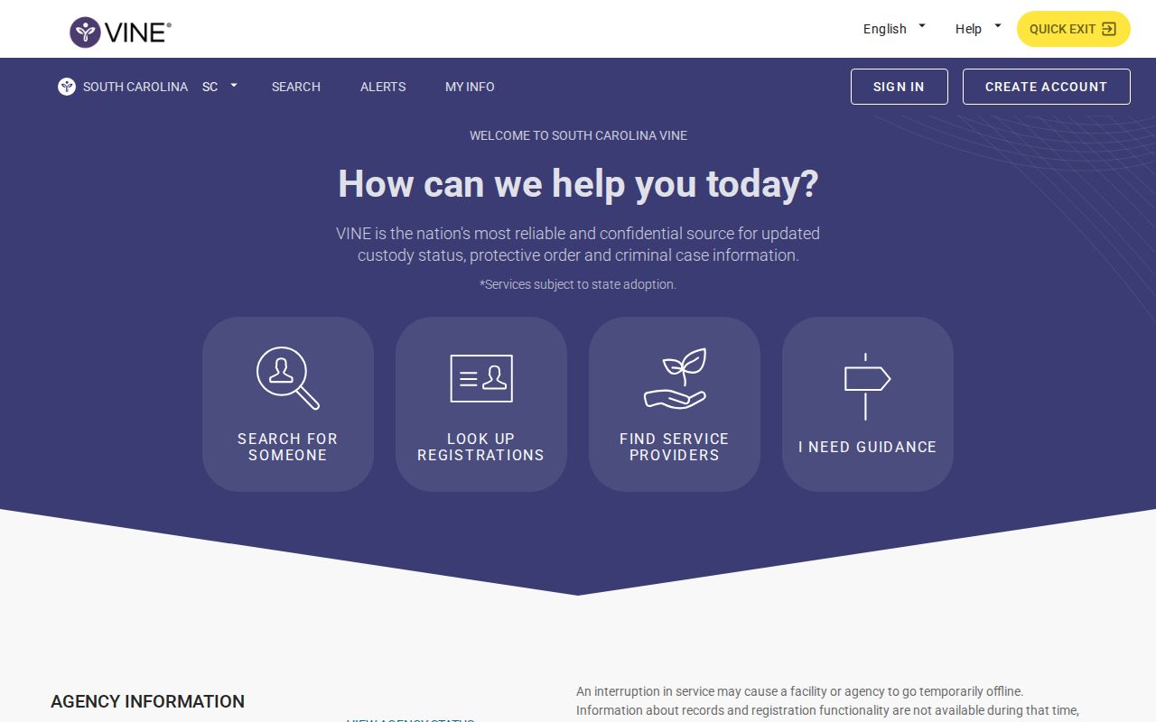 South Carolina VINELink person search and notification registration interface